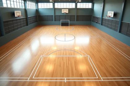 Vue aérienne d'un terrain de handball complet avec lignes réglementaires et zones de but dans une salle omnisports moderne