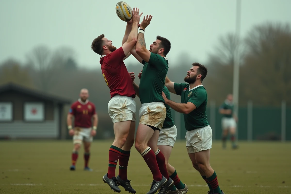 Touche de rugby en Fédérale 2 avec deux équipes en duel, joueurs en saut pour le ballon lors d'un match de poule