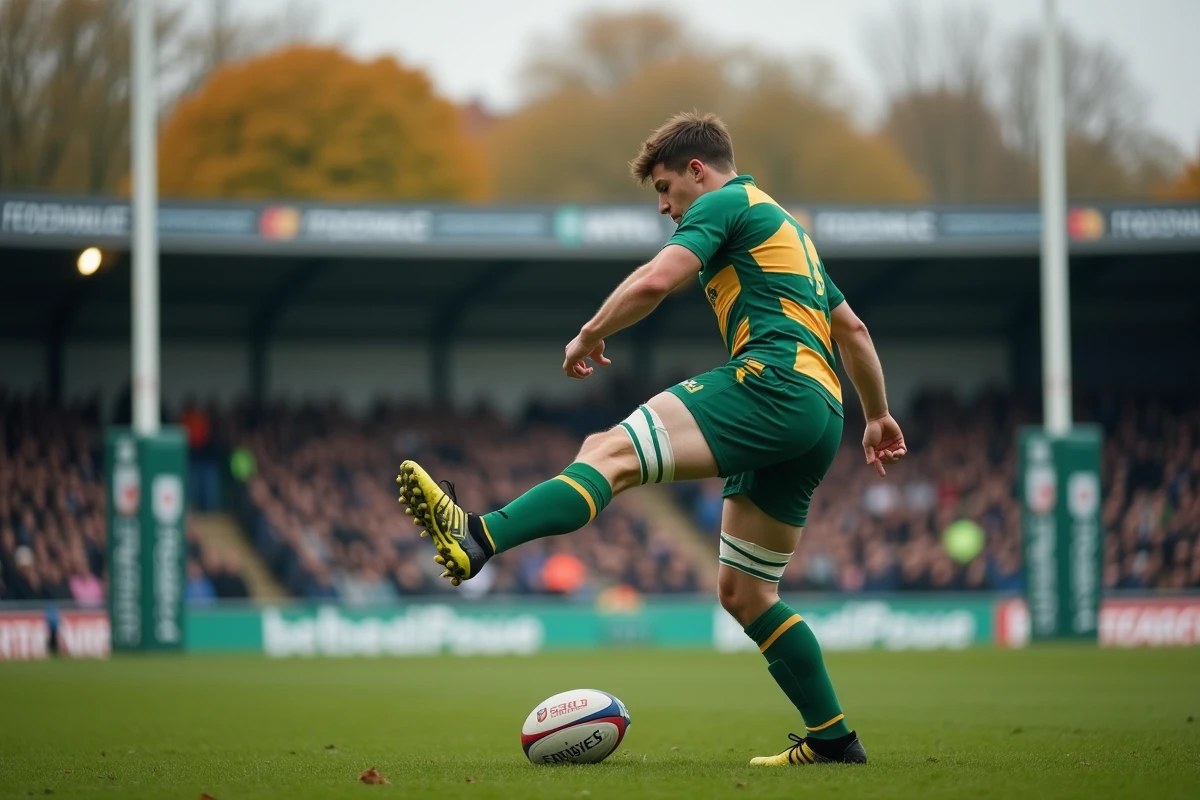 Joueur de rugby en train de botter une transformation lors d'un match de Fédérale 2, cadrage depuis les poteaux de rugby