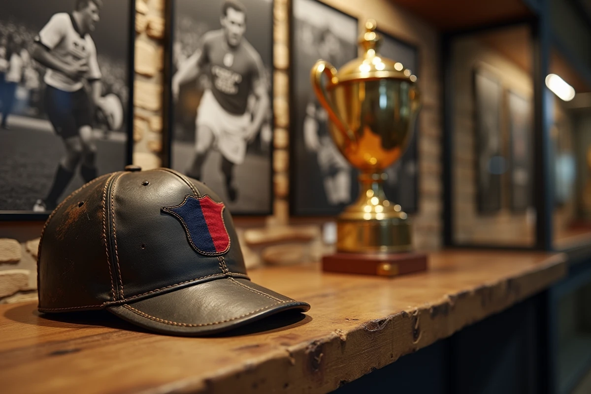 Trophée et casquette vintage du rugby français exposés dans un musée dédié aux légendes du Tournoi des Six Nations