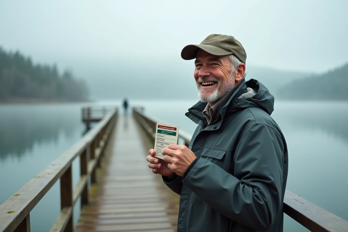 Pêcheur senior tenant sa carte de pêche validée sur un ponton en bois au bord d'un lac forestier