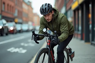Cycliste urbain vérifiant la pression des pneus VTT 26 pouces avec un manomètre sur un trottoir en ville