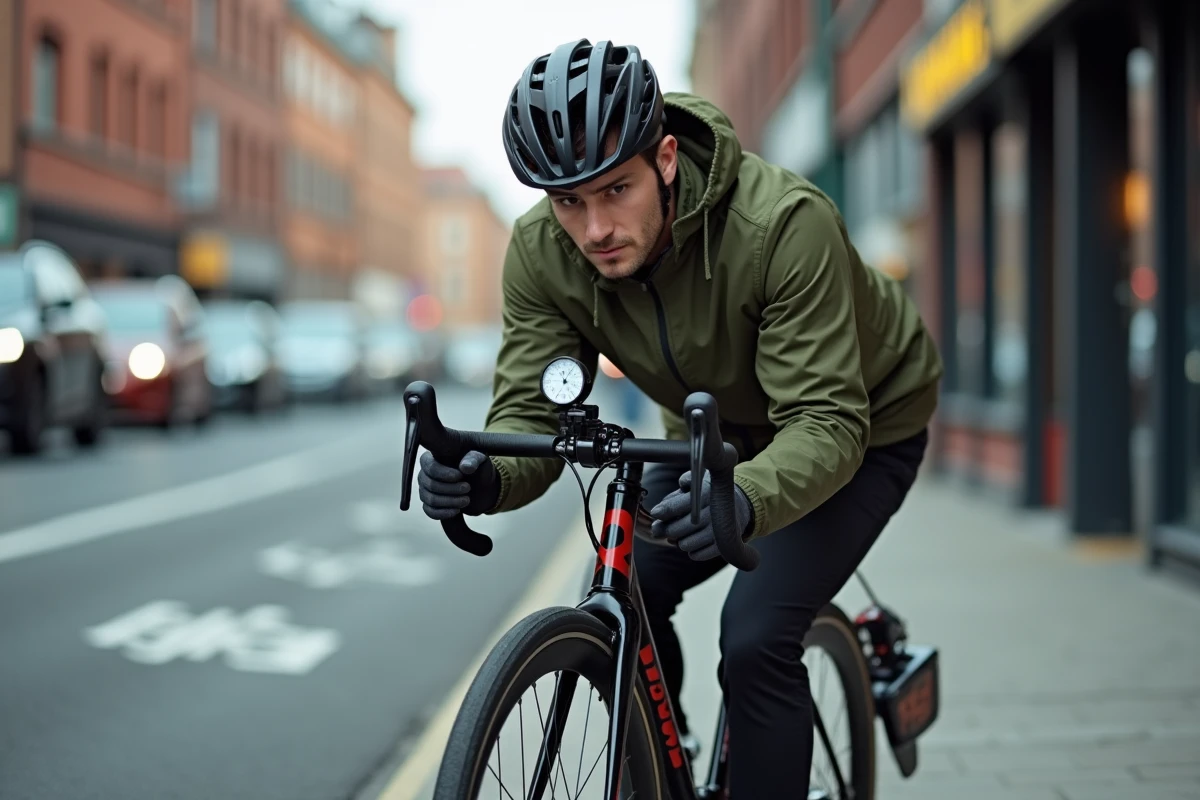Cycliste urbain vérifiant la pression des pneus VTT 26 pouces avec un manomètre sur un trottoir en ville