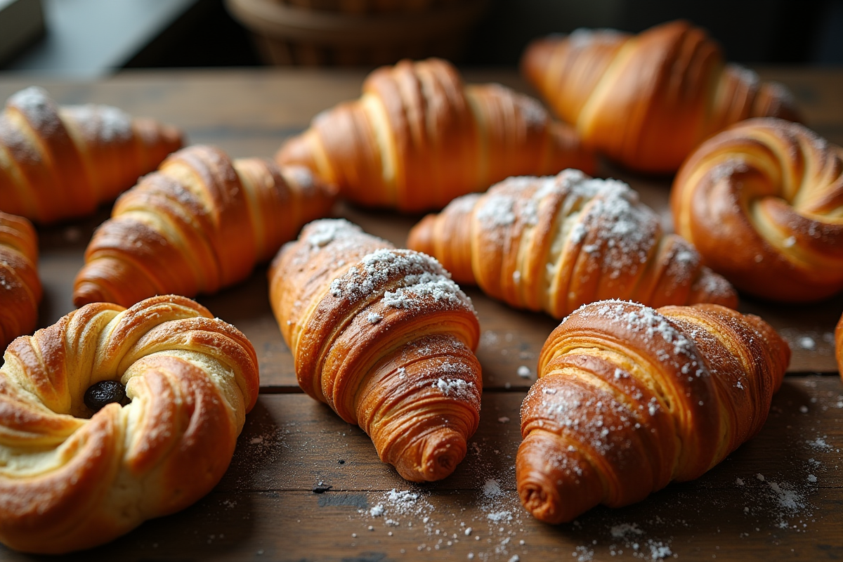 Assortiment de viennoiseries sur comptoir rustique