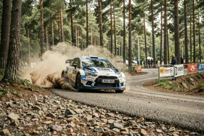 Voiture de rallye en pleine attaque dans une spéciale forestière en France avec nuage de poussière de graviers