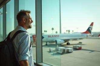Homme détendu regardant un avion Air Egypt à l'aéroport