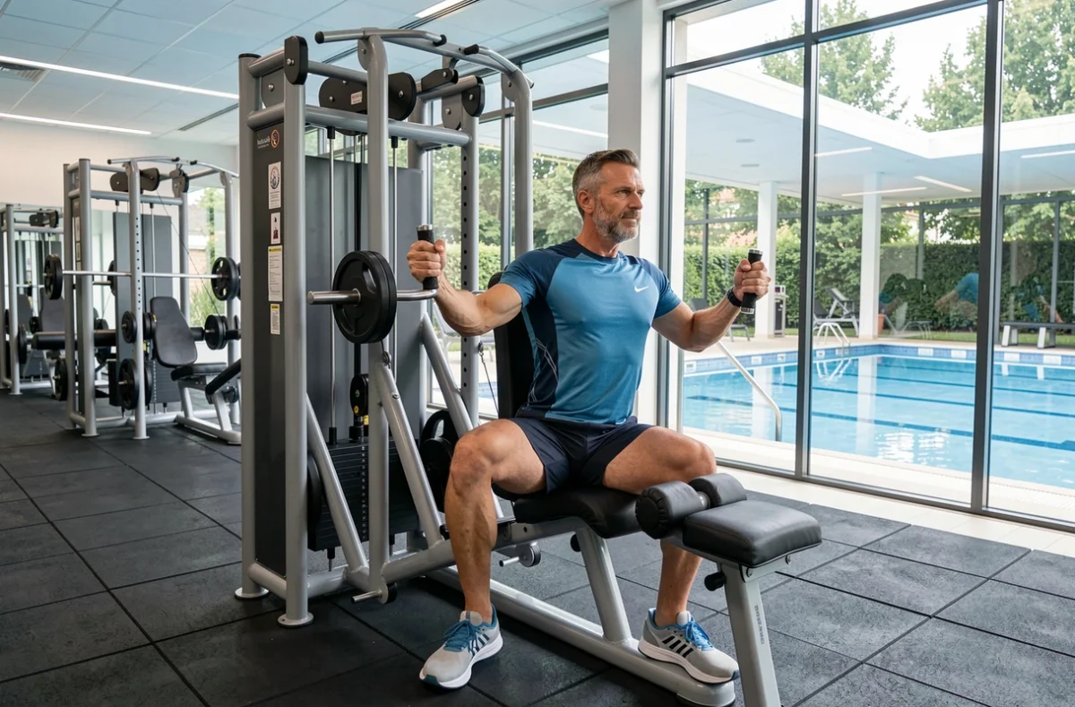 Zone de musculation du Wellness Sport Club dans le Rhône avec vue sur la piscine intérieure
